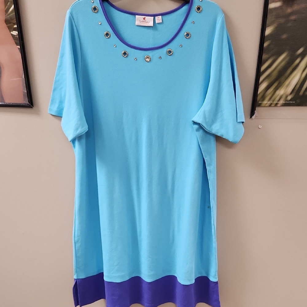 Quacker Factory Blue Embellished Short Sleeve Dress Size 2XL
